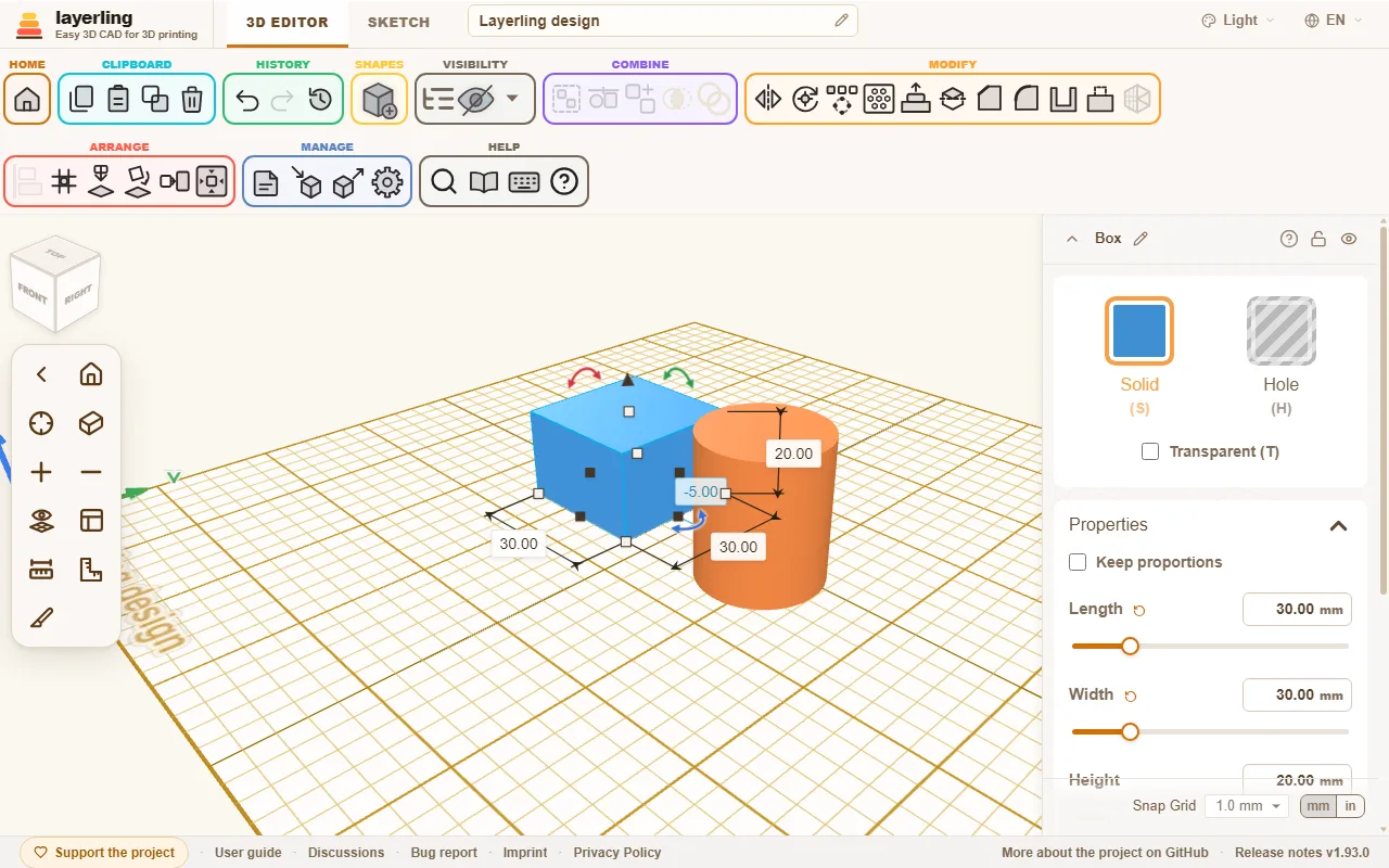The settings of a cylinder: solid or hole, diameter and height as a number and as a slider.