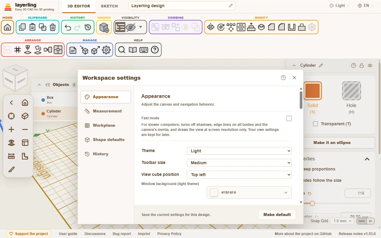 The settings under Appearance: background and workplane colours for the light theme, and the switch for edge lines on all bodies.