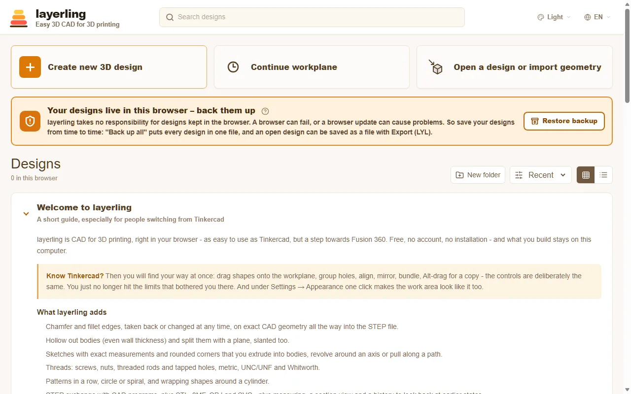 The start page of layerling: "Create new 3D design" at the top, your designs and the quick guide below.